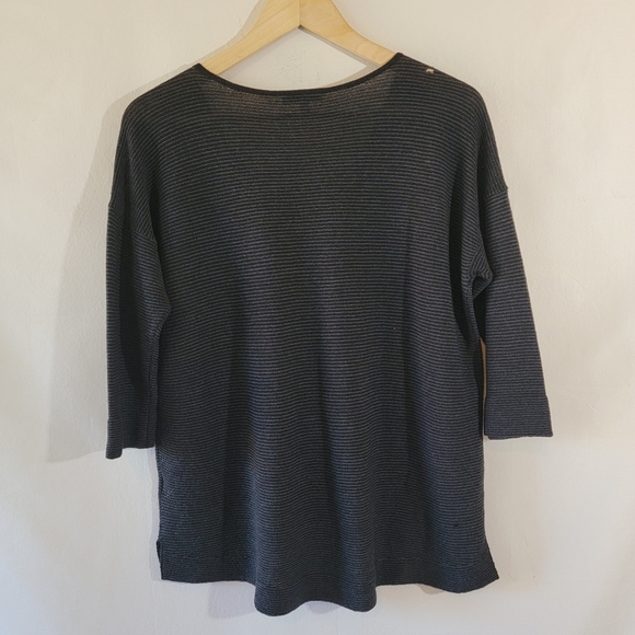 EILEEN FISHER Black Gray 100% Wool Top Size S Textured V-neck High-Low Cozy Goth - Picture 2 of 12